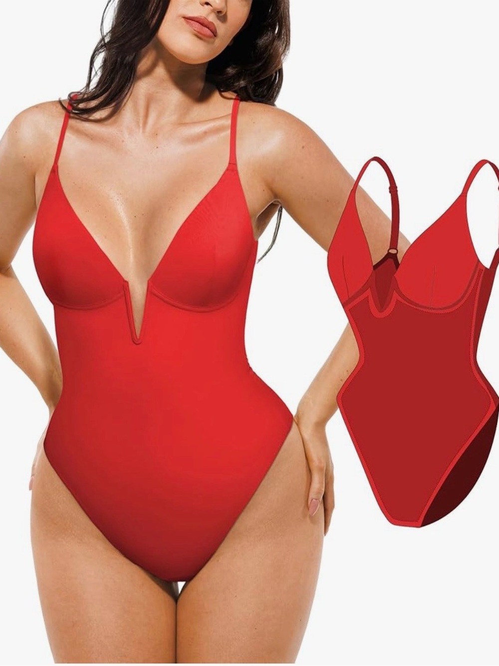 NWT Popilush Deep V Neck  Tummy Control One Piece Swimsuit, Red Sz S Beach